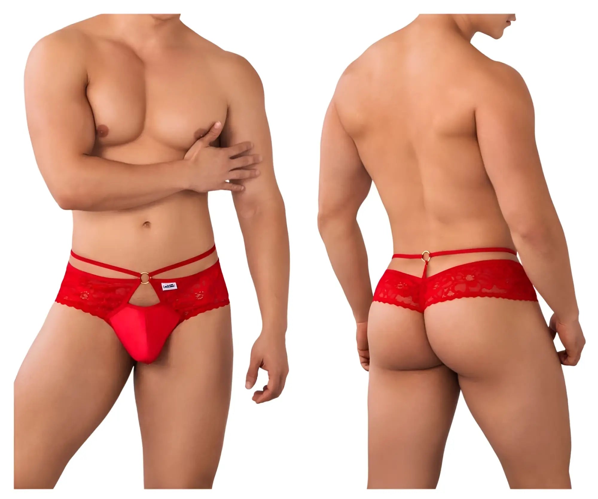 Red lace thong candyman 99647 with central gold-tone clasp and decorative floral pattern in vibrant red color