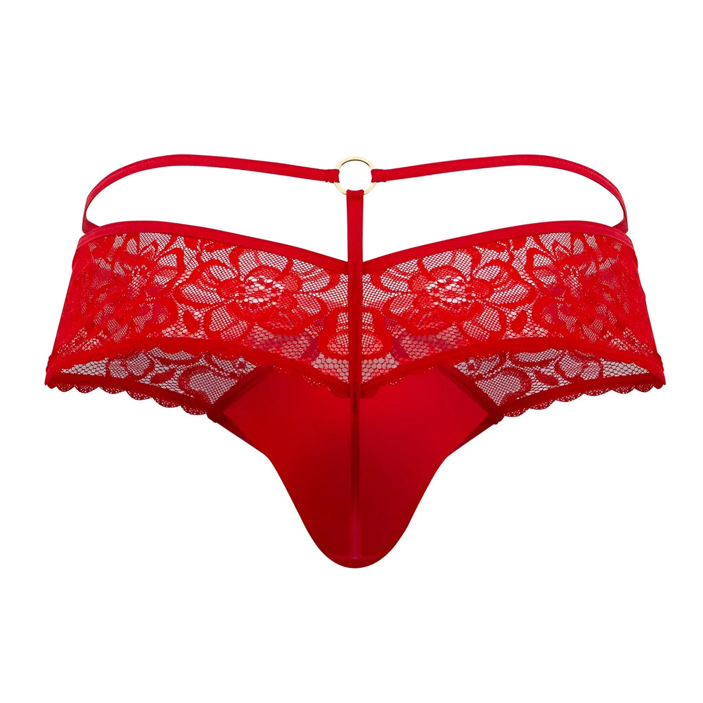 Back view of candyman 99647 lace thong in red with floral pattern and central metal ring detailing
