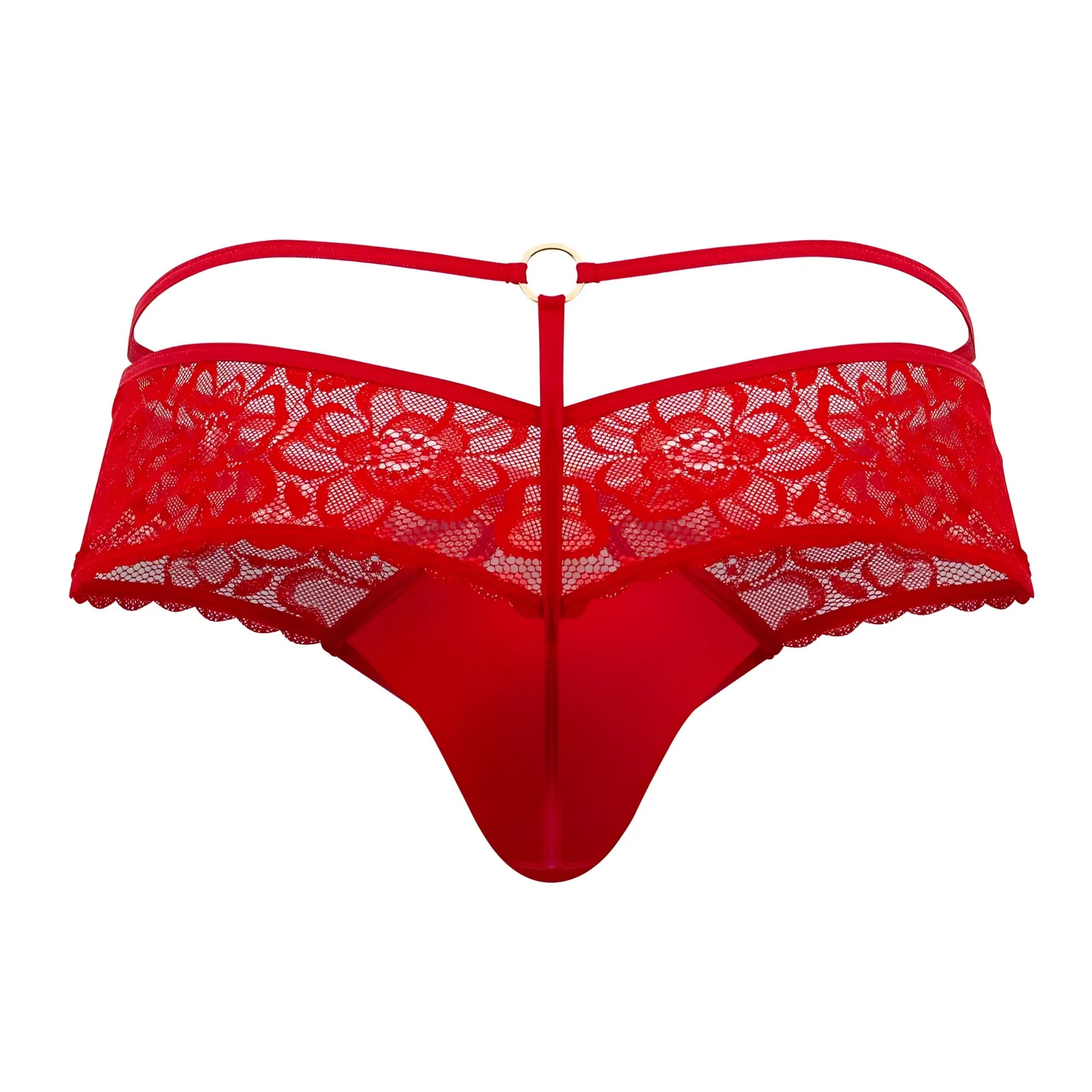 Back view of candyman 99647 lace thong in red with floral pattern and central metal ring detailing