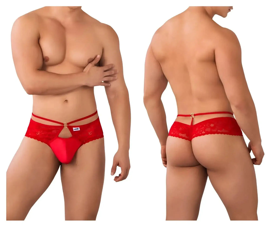 Red lace thong candyman 99647 with central gold-tone clasp and decorative floral pattern in vibrant red color