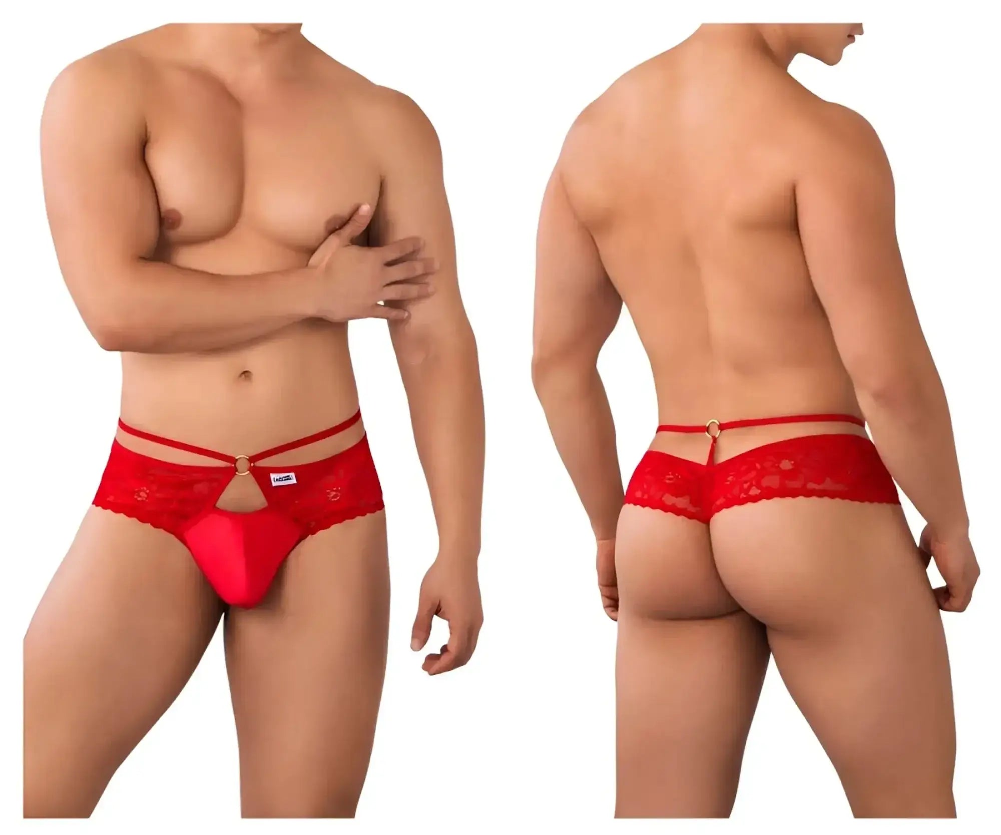 Red lace thong candyman 99647 with central gold-tone clasp and decorative floral pattern in vibrant red color