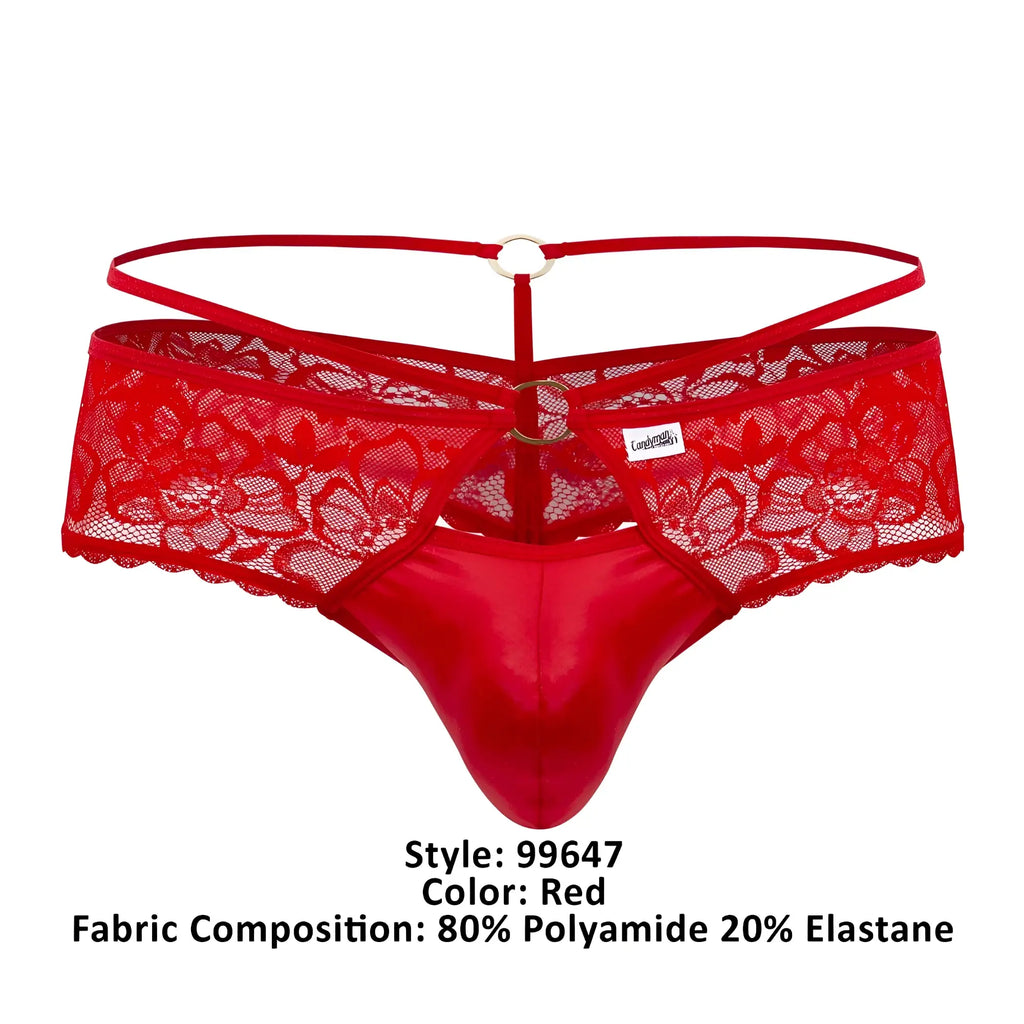 Red lace thong with satin front and adjustable straps from candyman 99647 in vibrant red color