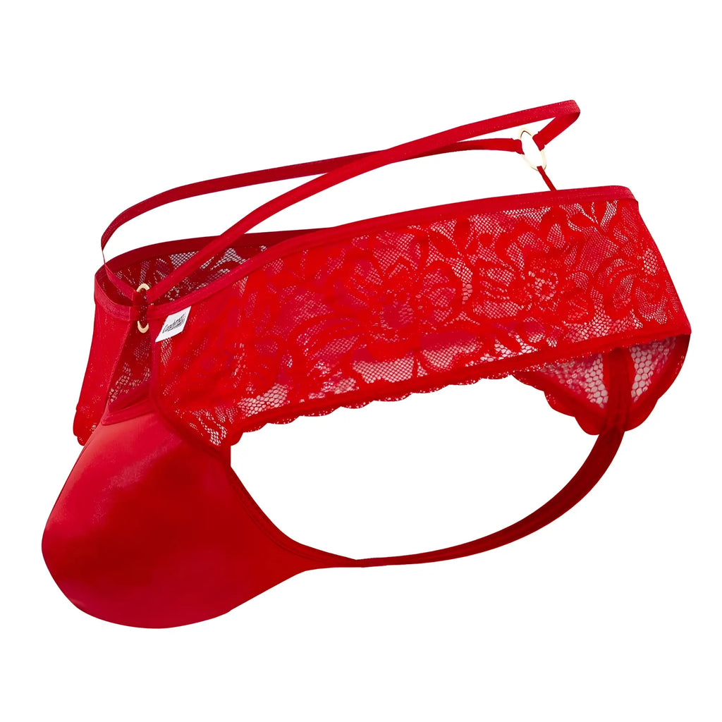Red lace thong CandyMan 99647 with satin front panel and adjustable straps in vibrant red color