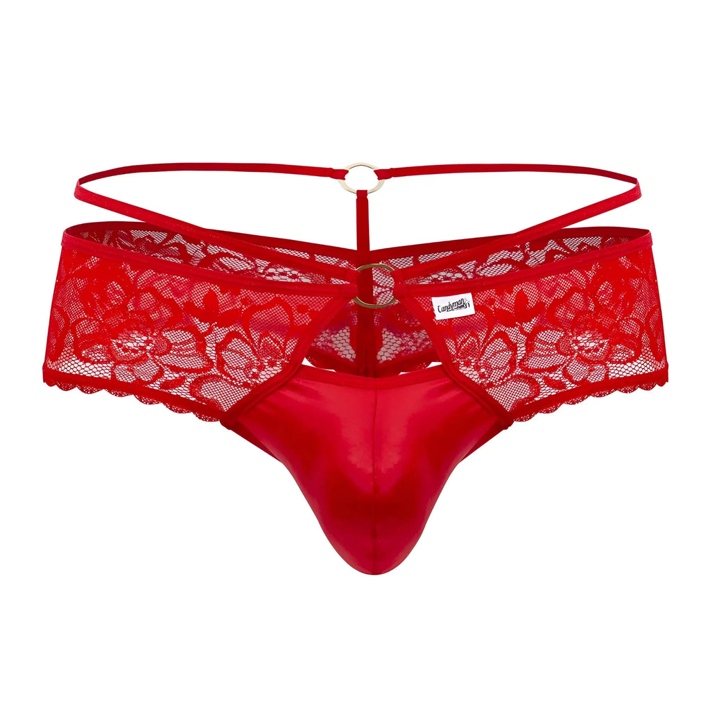 Red lace thong CandyMan 99647 with shiny satin front and adjustable straps in red, front view