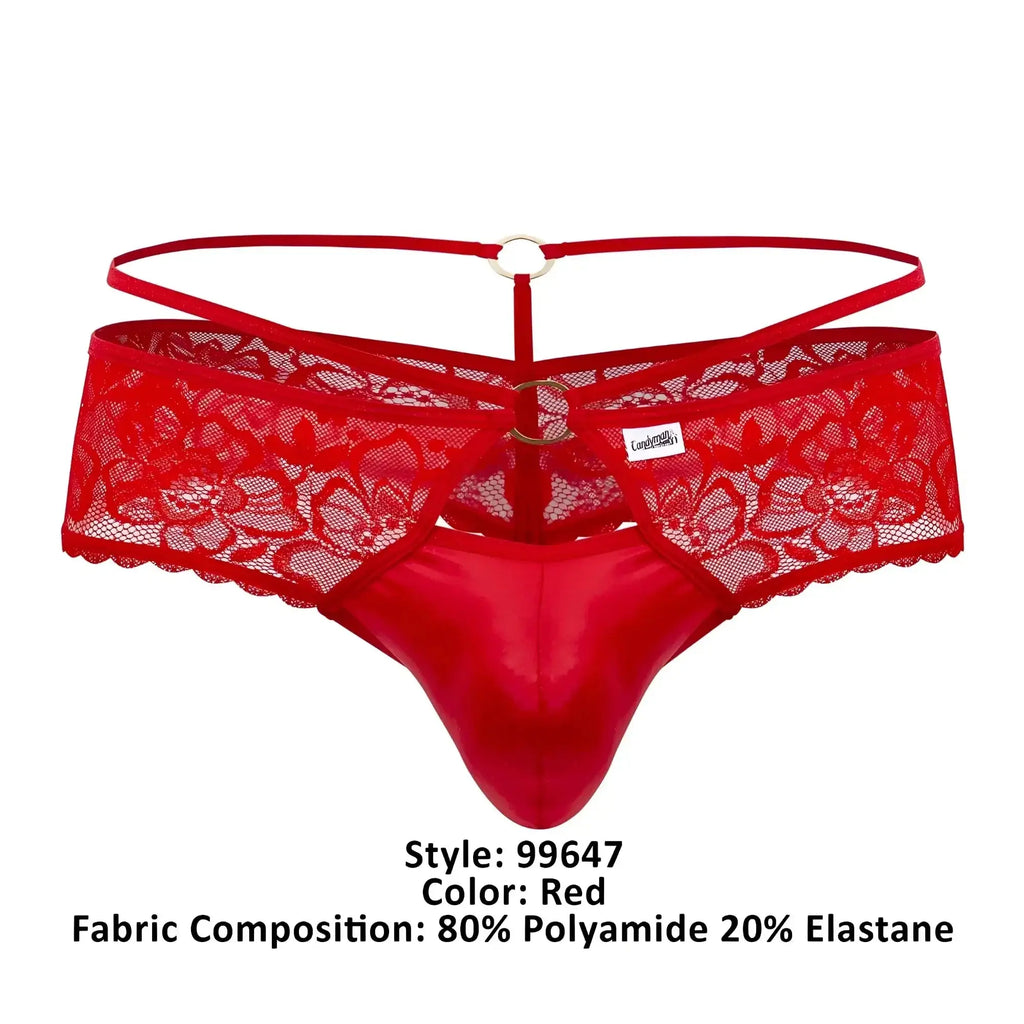 Red lace thong with satin front and adjustable straps from candyman 99647 in vibrant red color