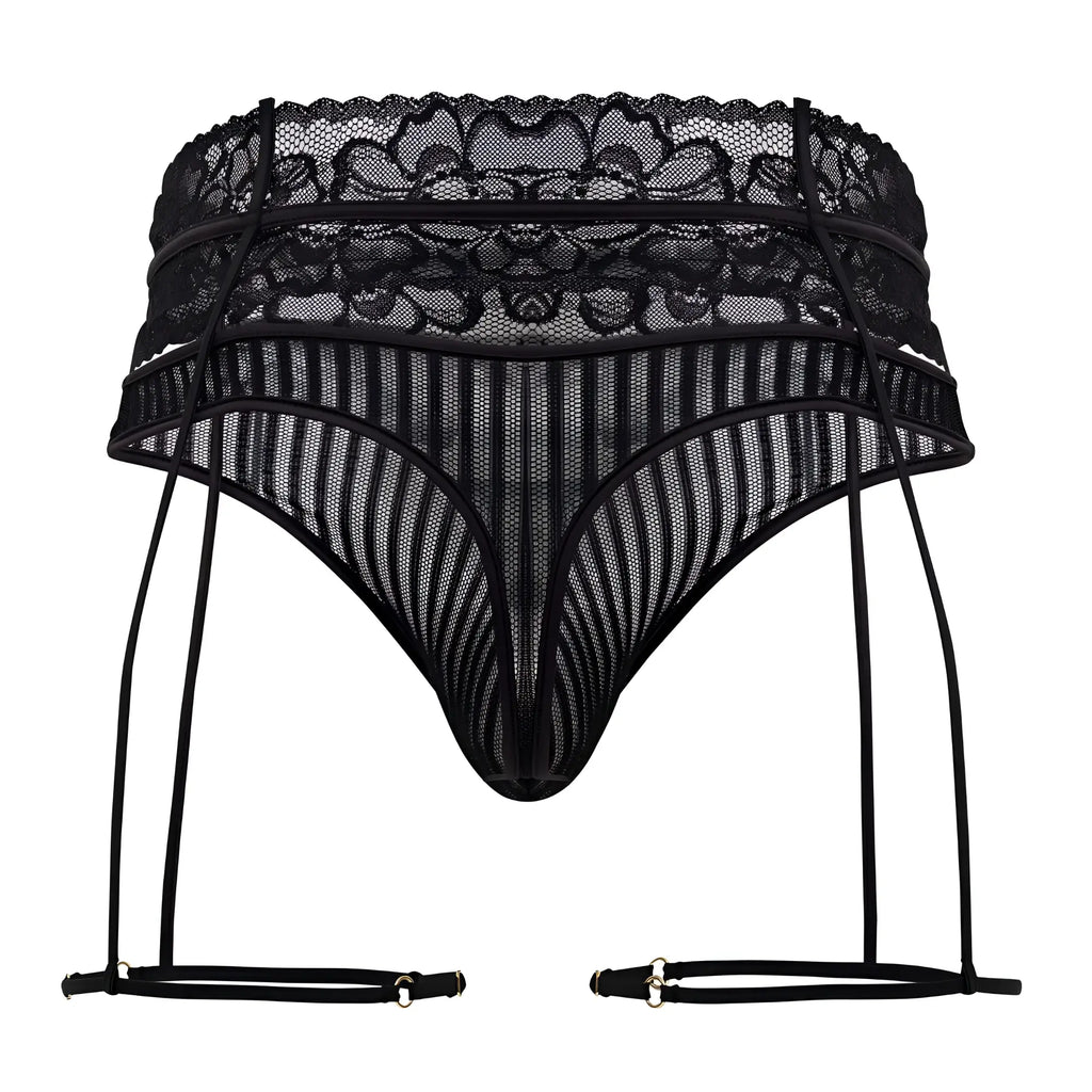 Black lace CandyMan 99648 garter thongs with sheer mesh design and adjustable straps in black color
