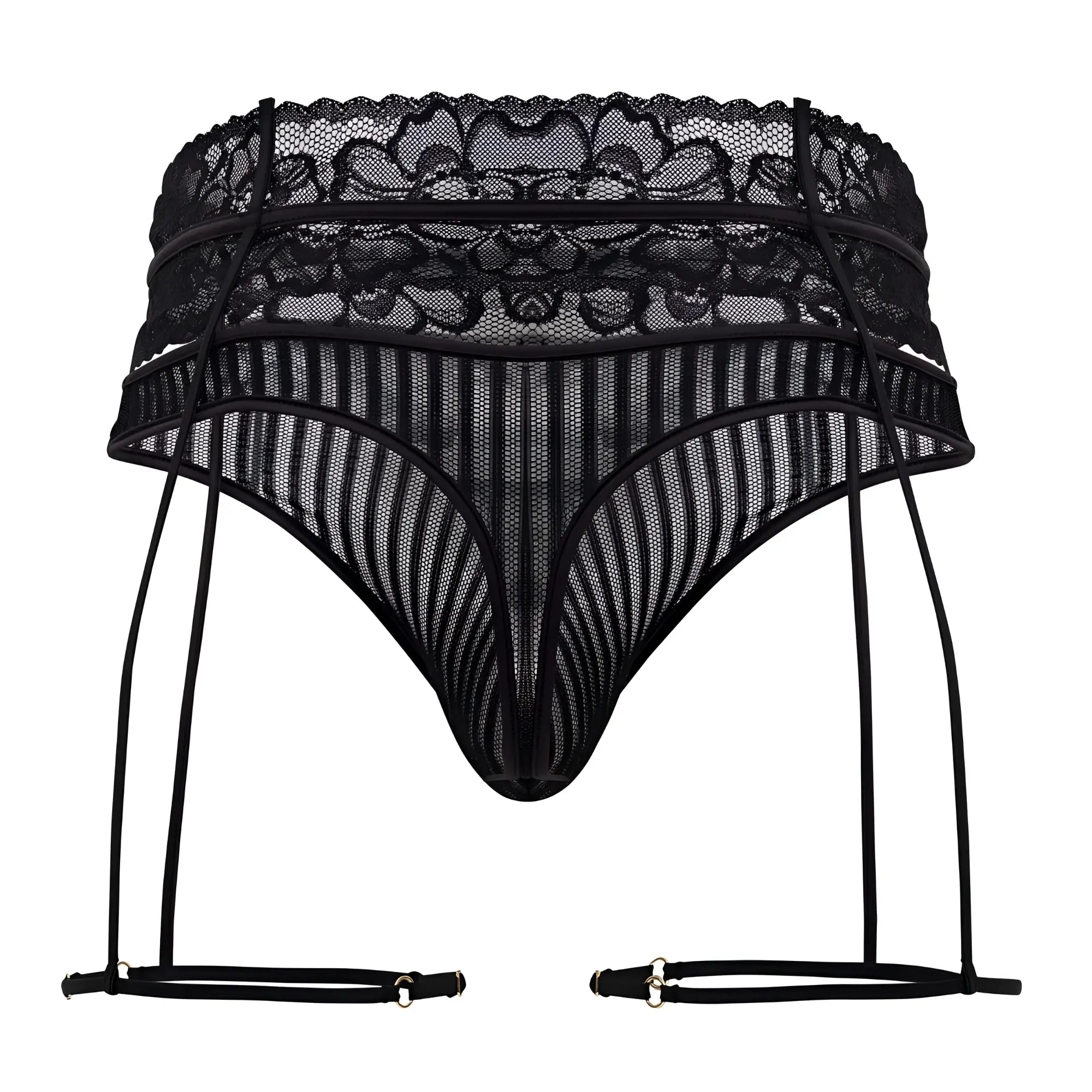 Black lace CandyMan 99648 garter thongs with sheer mesh design and adjustable straps in black color