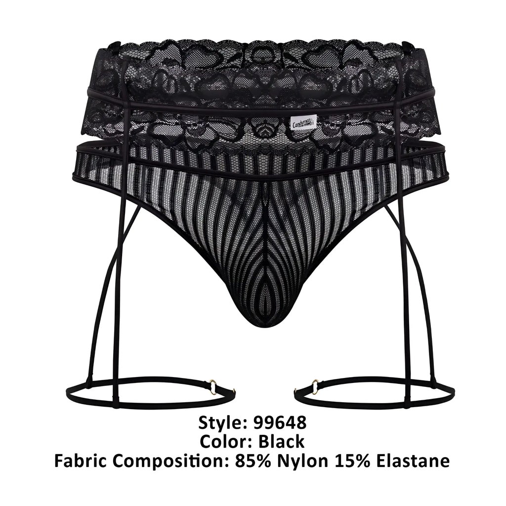 Black lace and mesh CandyMan 99648 garter thong set with striped pattern in black shown from the back side