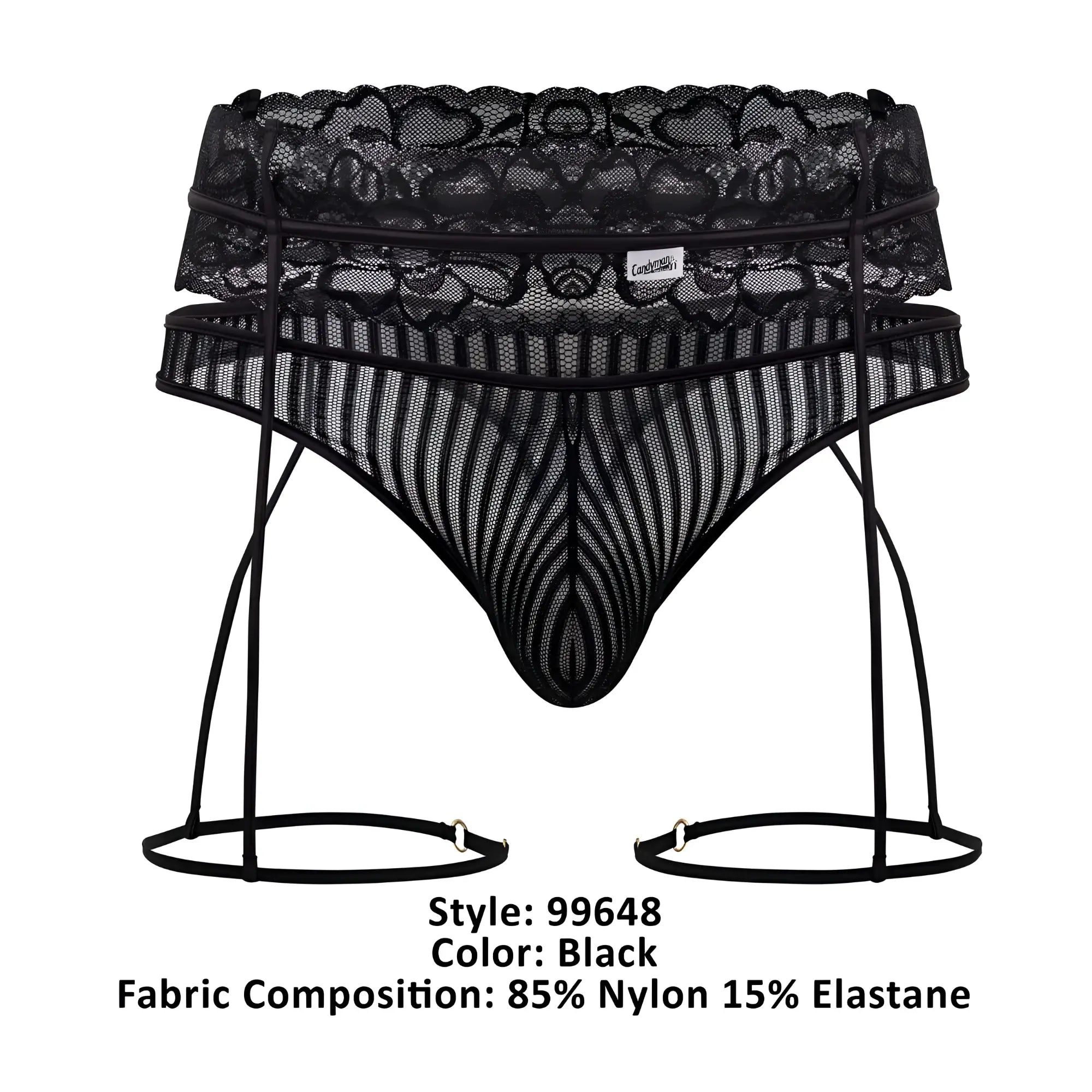 Black lace and mesh CandyMan 99648 garter thong set with striped pattern in black shown from the back side