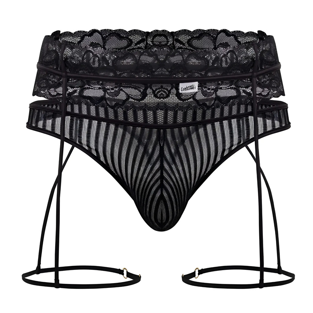 Black lace CandyMan 99648 garter thong with matching straps and intricate floral waistband patterns