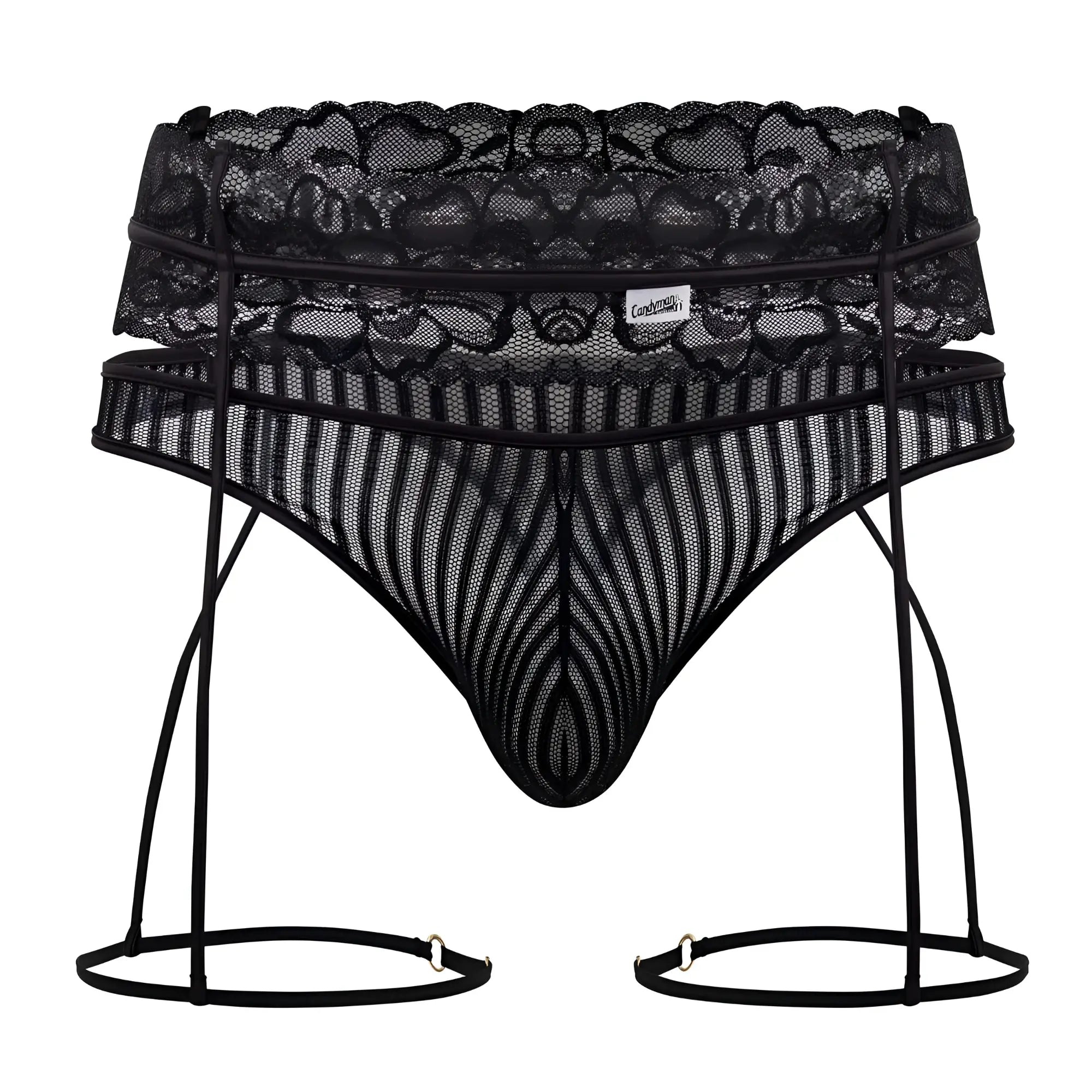 Black lace CandyMan 99648 garter thong with matching straps and intricate floral waistband patterns