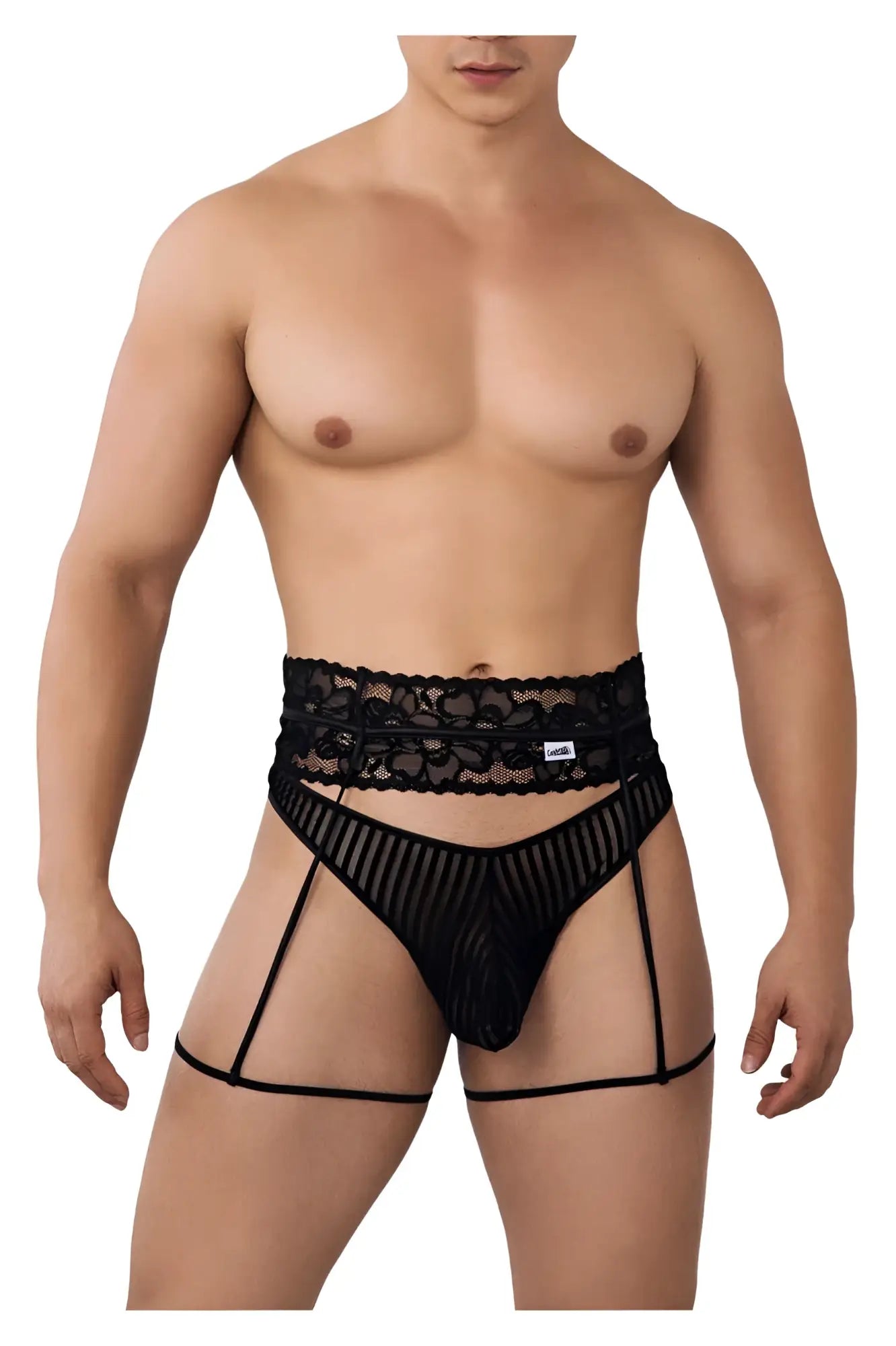 CandyMan 99648 black garter thongs men’s lingerie with black lace trim sheer mesh and supportive straps shown from back