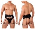 Black lace-trimmed candy man 99648 garter thongs men’s sheer mesh briefs with side straps and back ties view from back