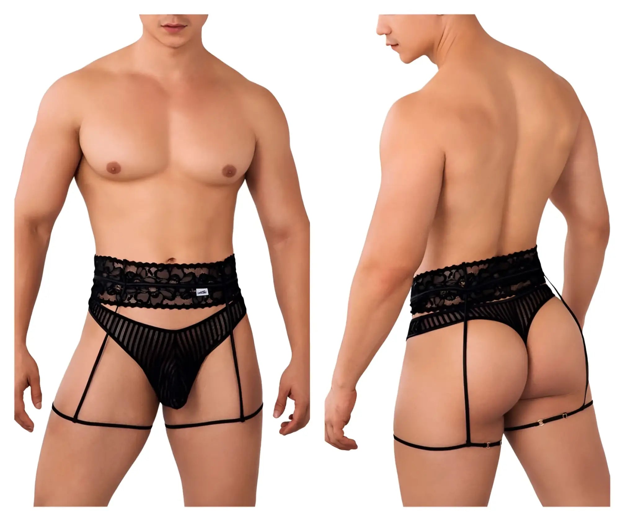 Black lace-trimmed candy man 99648 garter thongs men’s sheer mesh briefs with side straps and back ties view from back