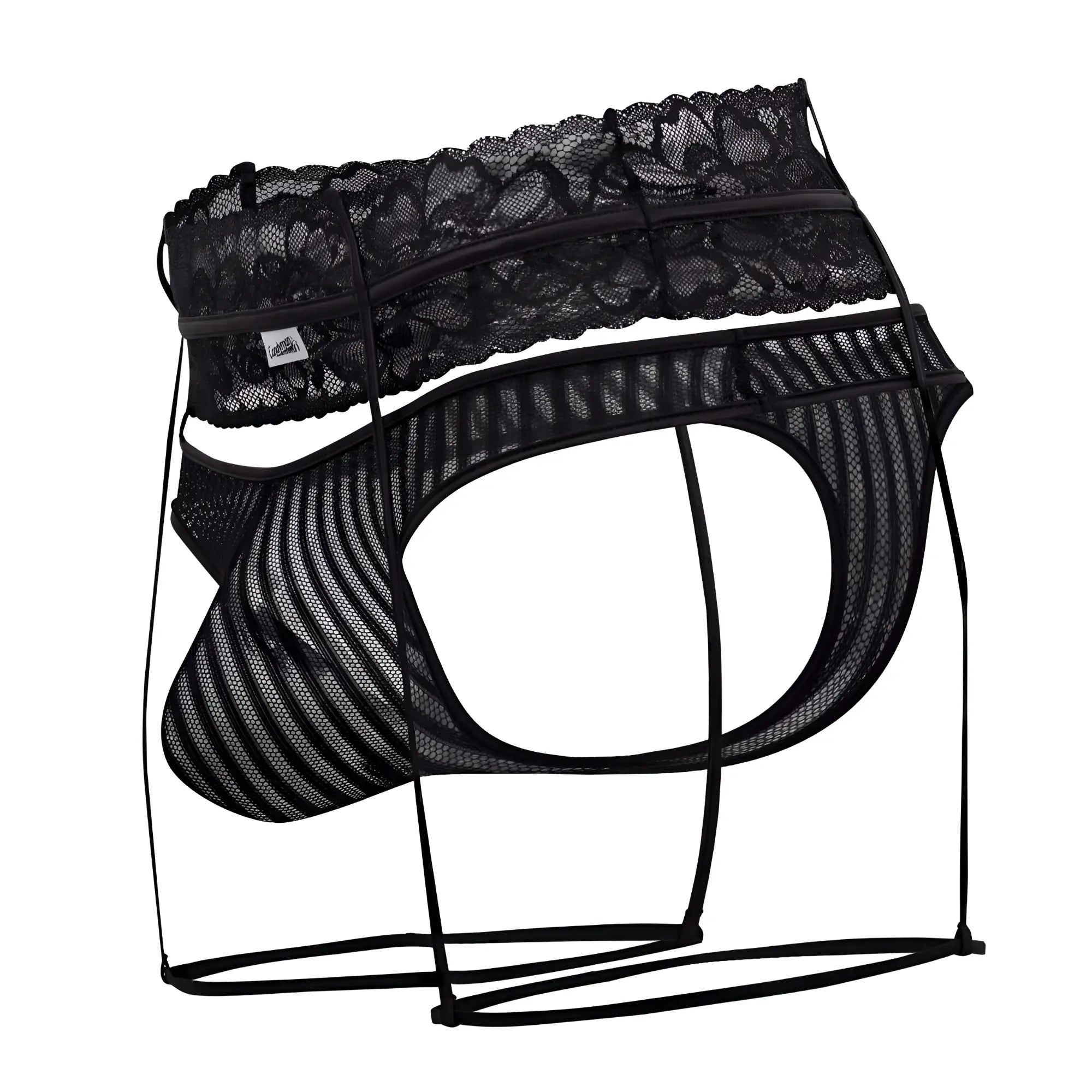 Black lace-trimmed mesh briefs with strappy garter thong design by candyman in black shown from the back side