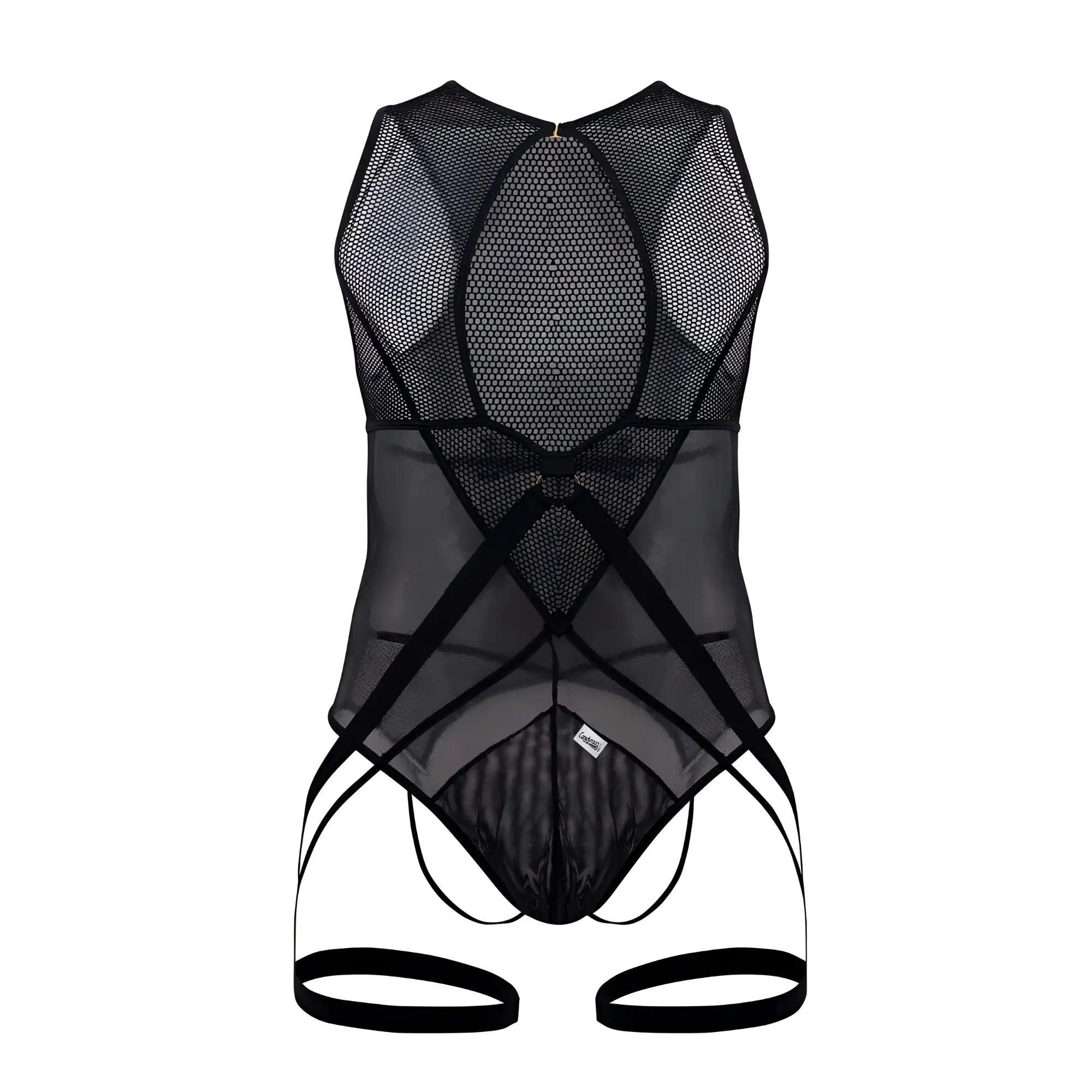 Black candyMan 99650 mesh bodysuit with crisscross straps sheer form-fitting design in black color
