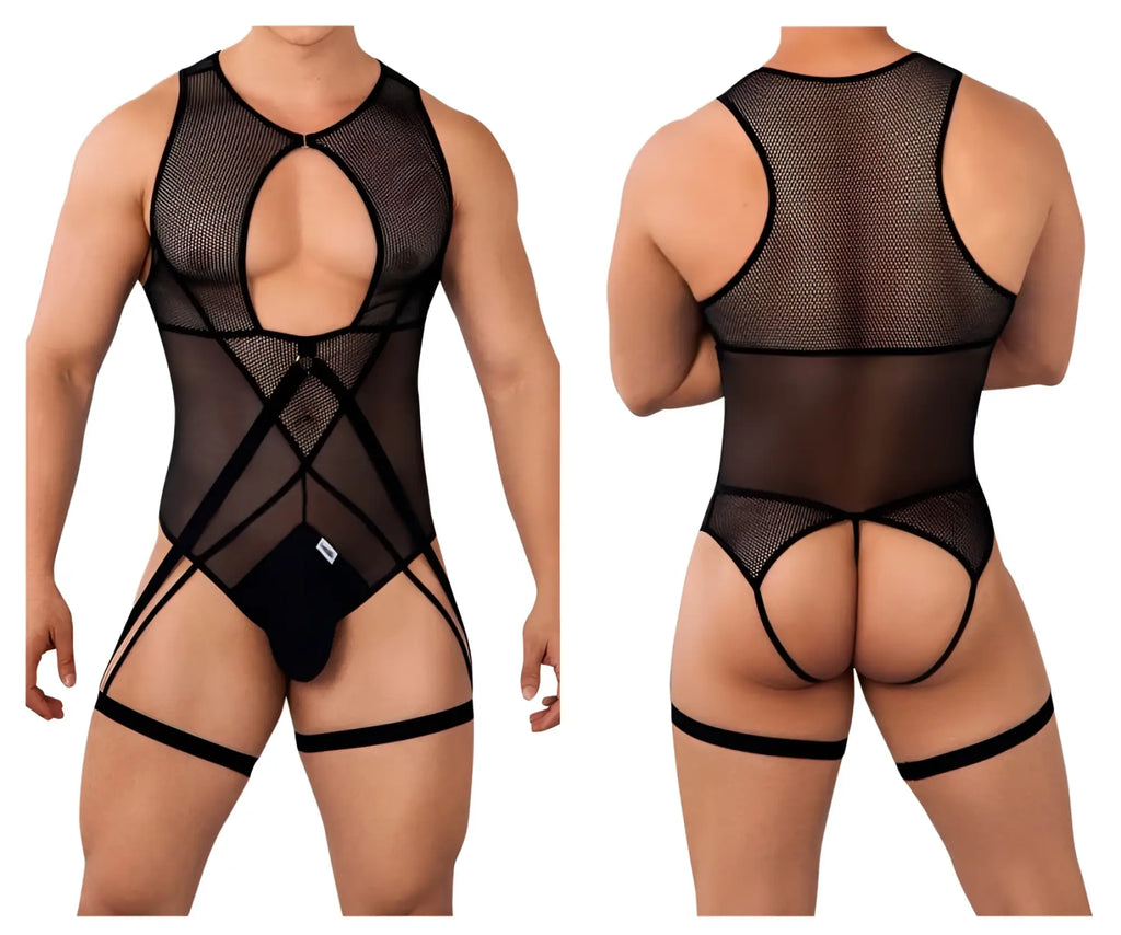 Black mesh CandyMan 99650 bodysuit with crisscross straps and leg ties showing front design details