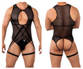 Black mesh CandyMan 99650 bodysuit with crisscross straps and leg ties showing front design details