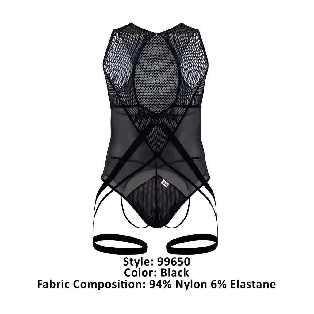 Black candyMan 99650 mesh bodysuit with crisscrossing elastic straps sheer form-fitting design