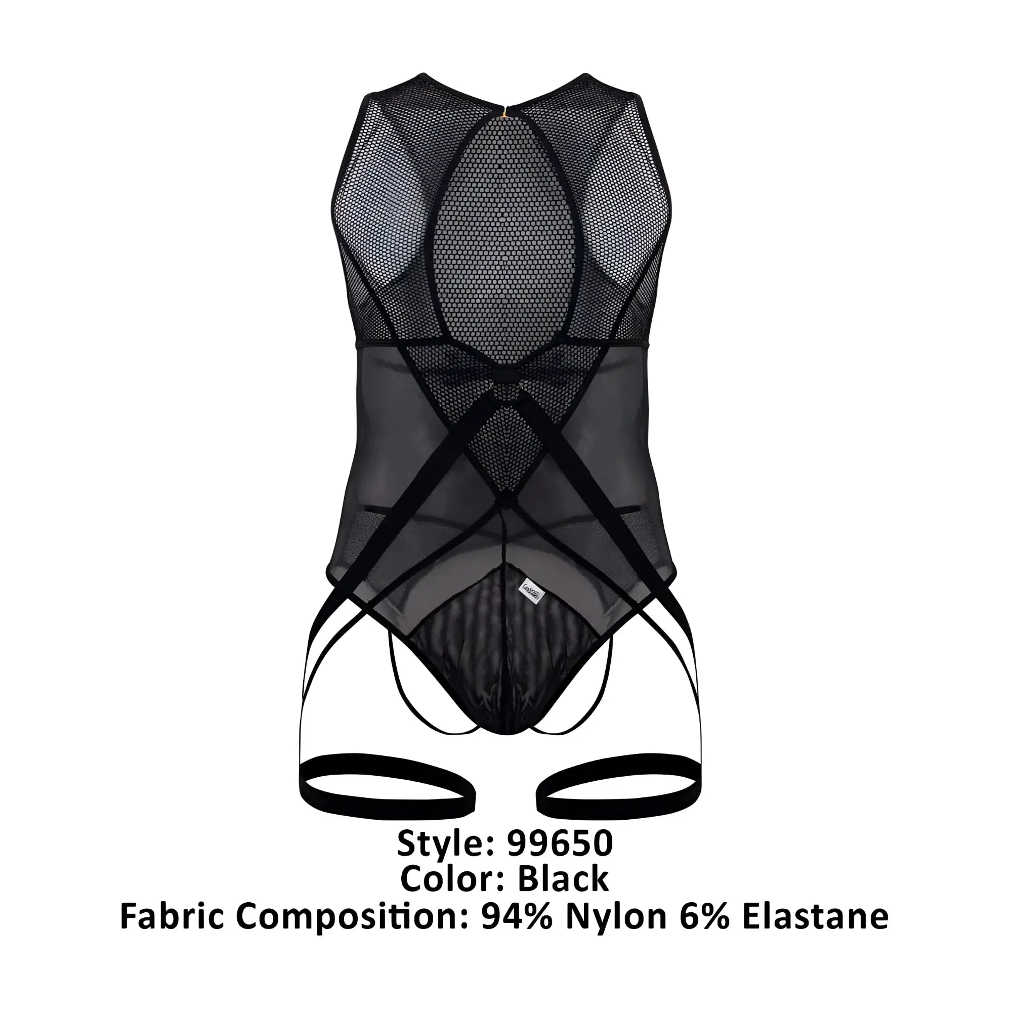 Black candyMan 99650 mesh bodysuit with crisscrossing elastic straps sheer form-fitting design