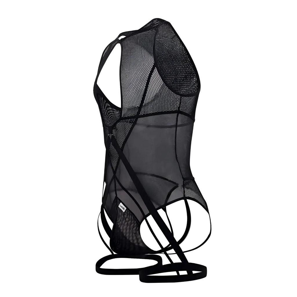 CandyMan 99650 black mesh bodysuit featuring intricate cut-out design and adjustable straps for a sleek fit