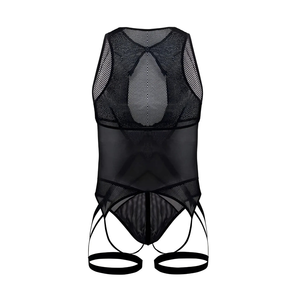 CandyMan 99650 black mesh bodysuit with sheer, form-fitting design and adjustable straps for a sleek look