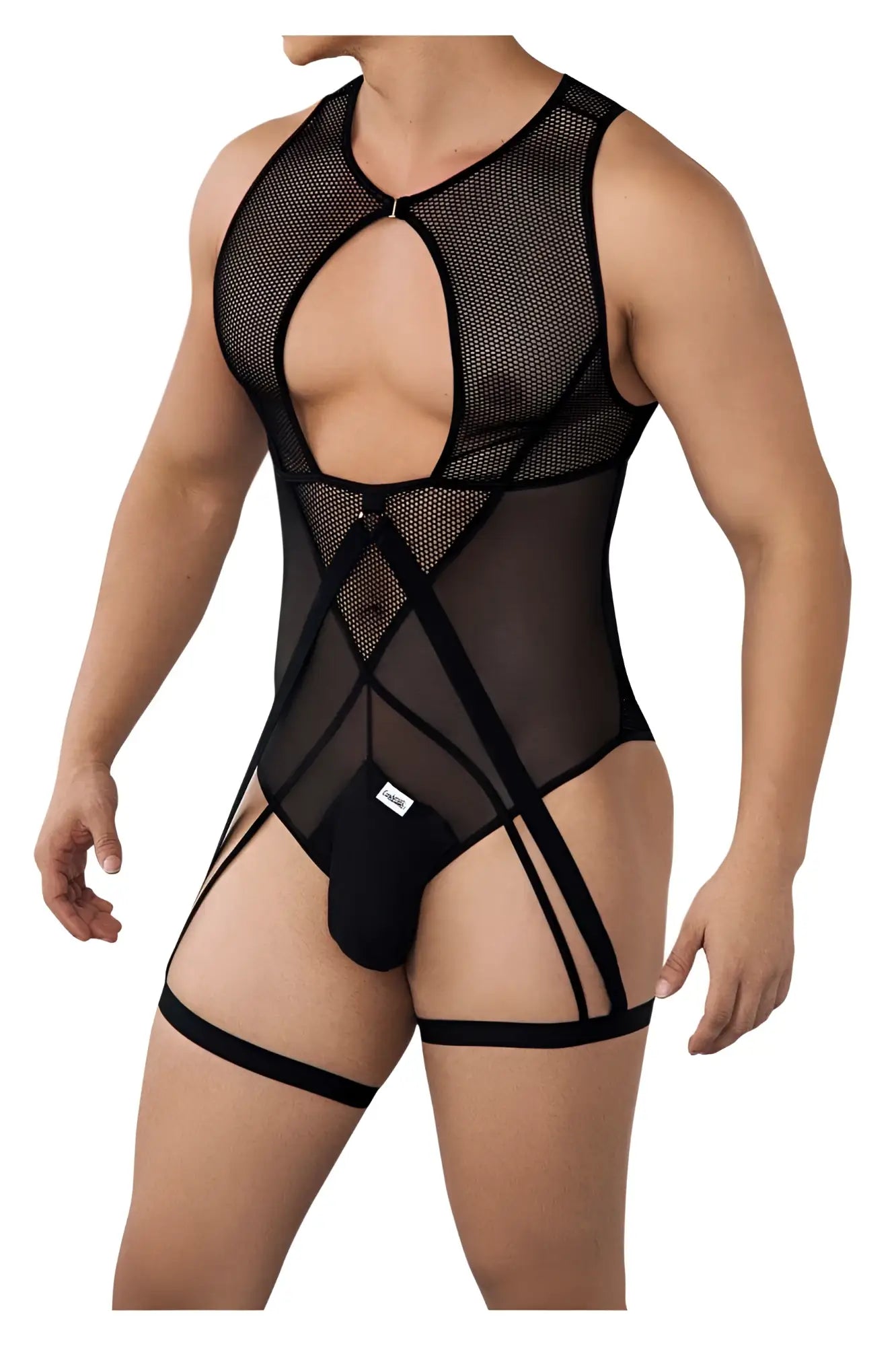 Black mesh bodysuit with sheer panels and strappy leg ties from candyman 99650 collection