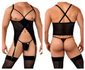 Black sheer mesh bodysuit with lace trim and adjustable straps from the CandyMan 99654 mesh two piece set