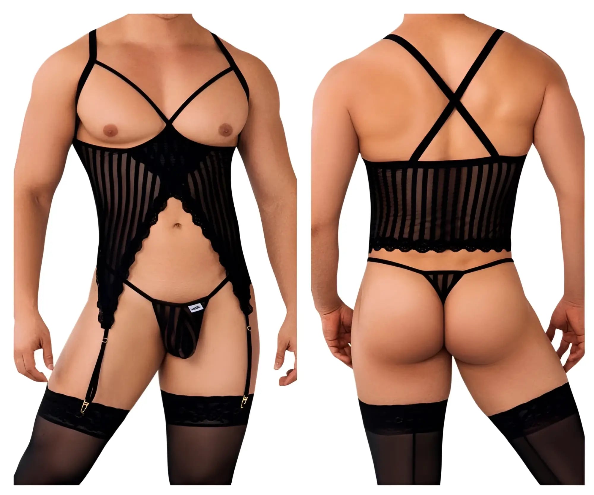 Black sheer mesh bodysuit with lace trim and adjustable straps from the CandyMan 99654 mesh two piece set