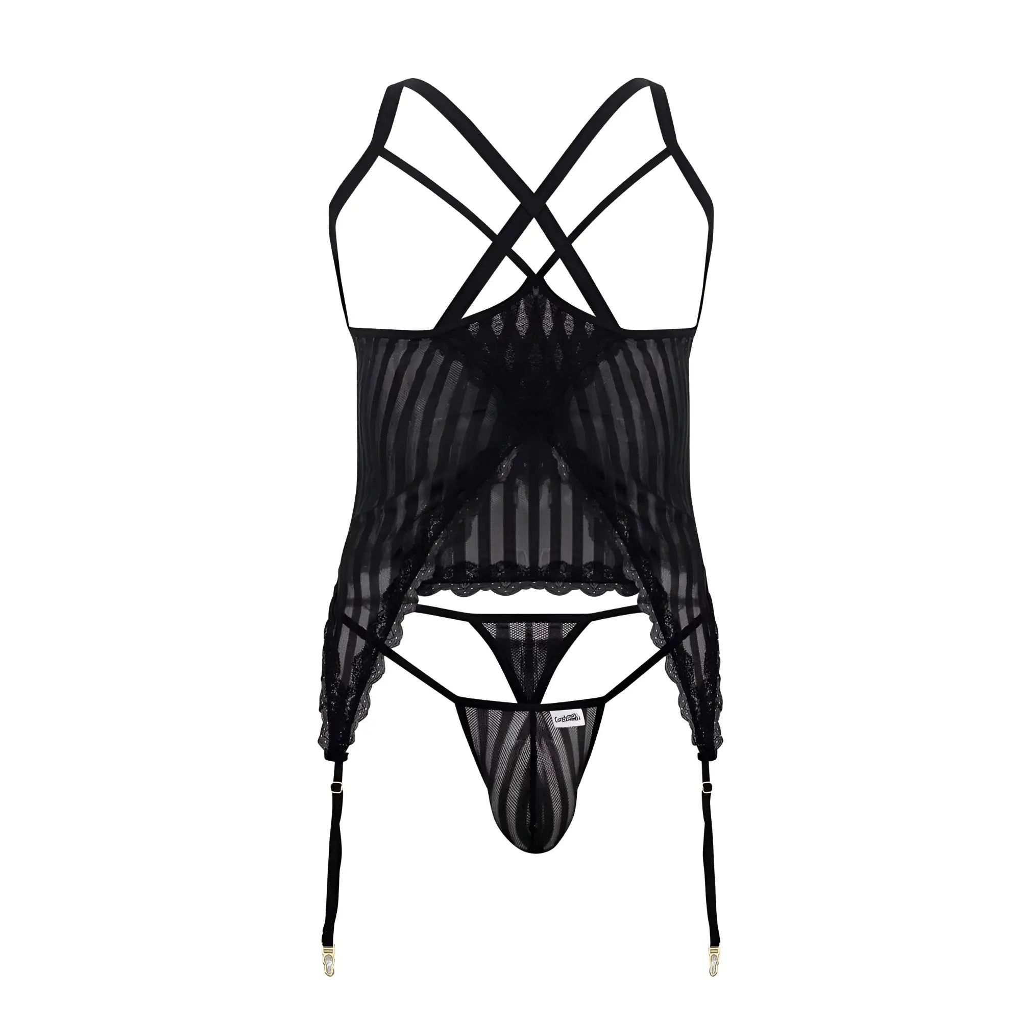 Black sheer lace bodysuit with crisscross straps and matching garter belt candy man 99654 mesh two piece set