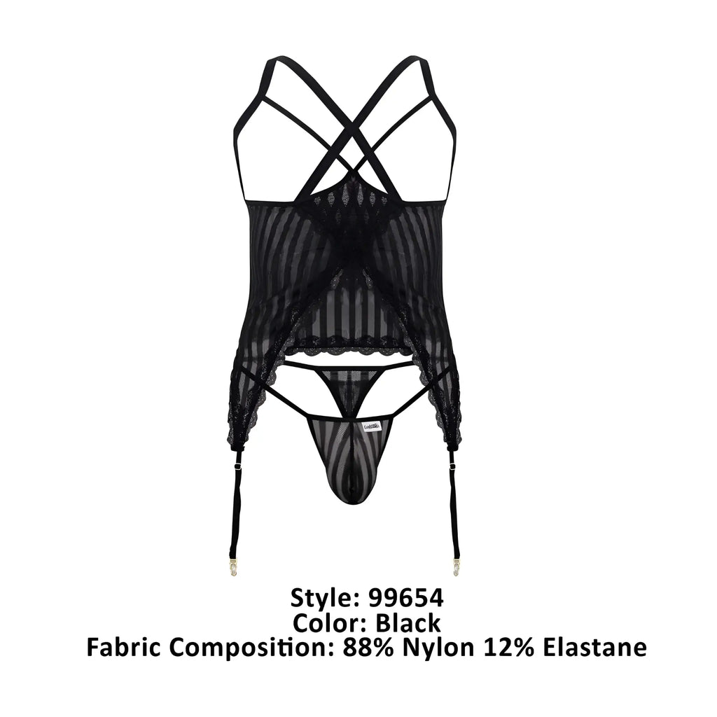 Black sheer lace lingerie set candyMan 99654 with crisscross straps and garter belts in mesh two piece design