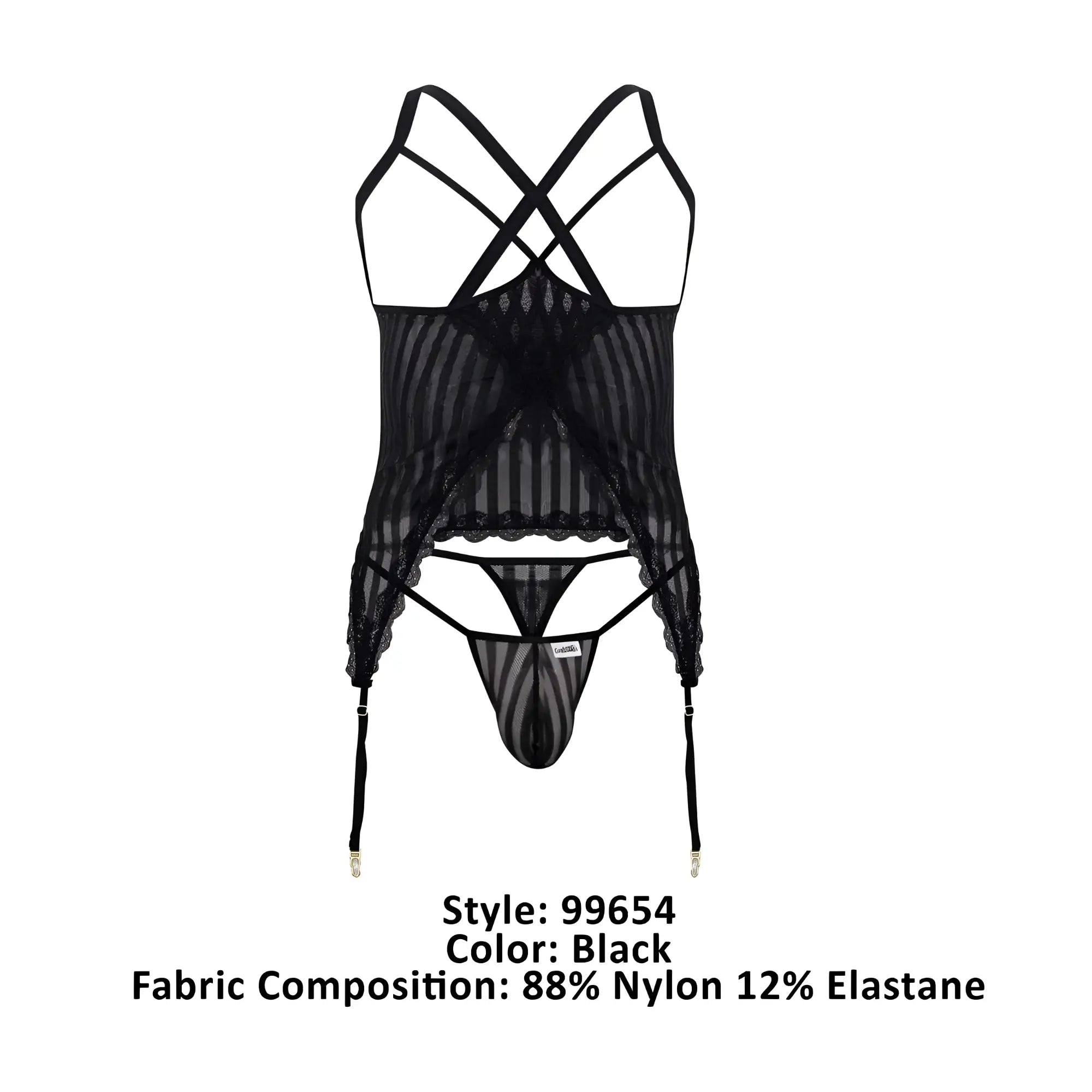 Black sheer lace lingerie set candyMan 99654 with crisscross straps and garter belts in mesh two piece design