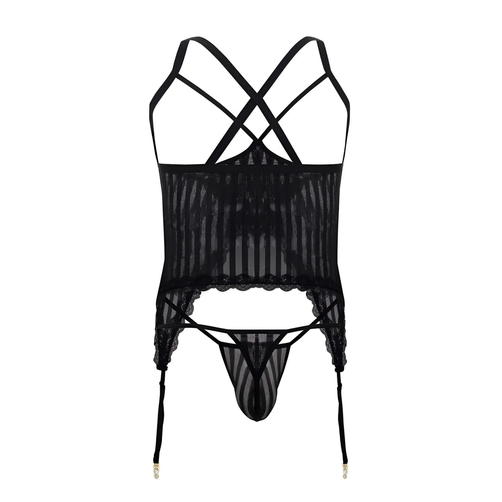CandyMan 99654 mesh two piece set in black featuring sheer fabric lace trim and crisscross straps for stylish lingerie