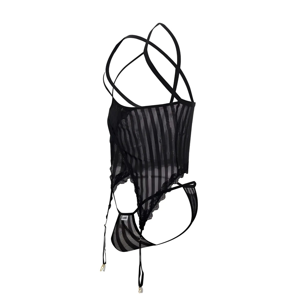 Black sheer striped lace trim mesh two piece lingerie set by candyman with adjustable straps in black