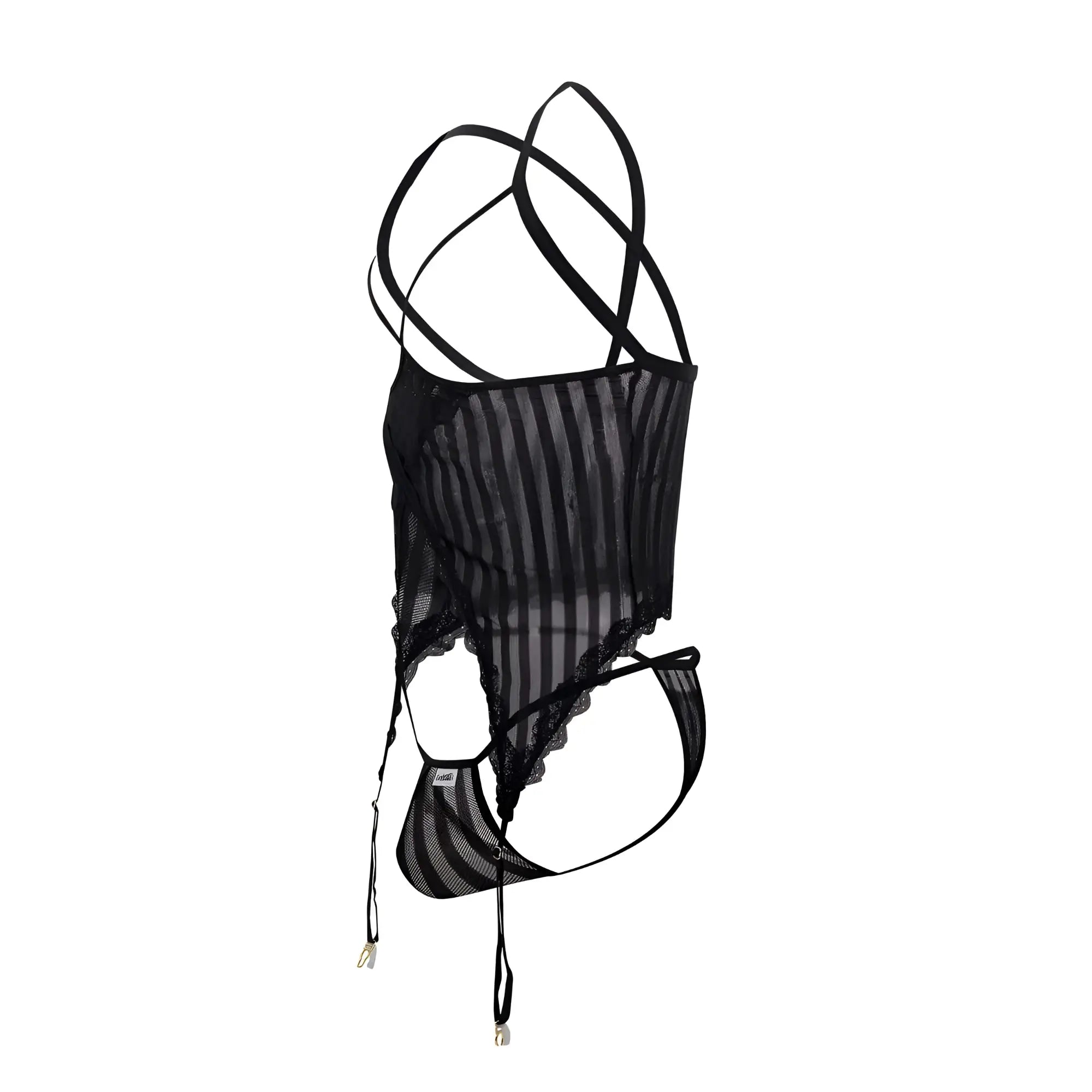Black sheer striped lace trim mesh two piece lingerie set by candyman with adjustable straps in black