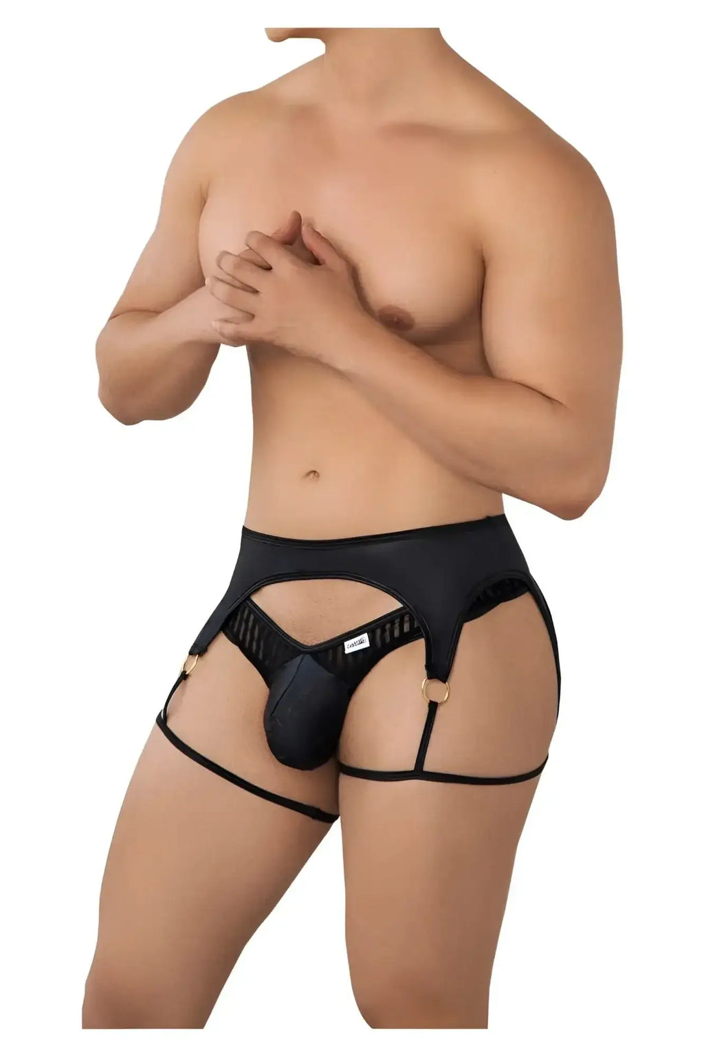 Black leather-like men’s garter belt with central pouch and gold-tone rings candy man 99655 garter thongs
