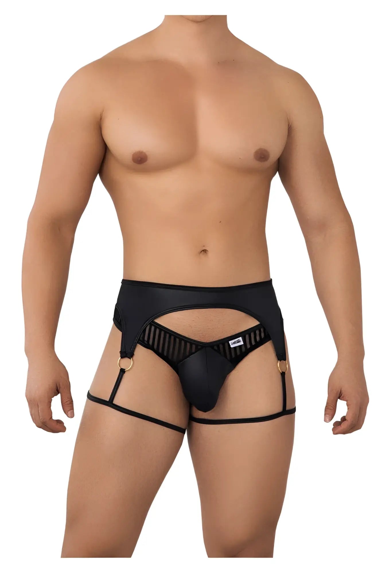 Black leather-like CandyMan 99655 garter thongs with gold-tone metal rings and mesh panel design front view
