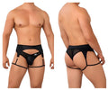 Black leather-like harness-style briefs with mesh panels and gold-tone rings candy man 99655 garter thongs black