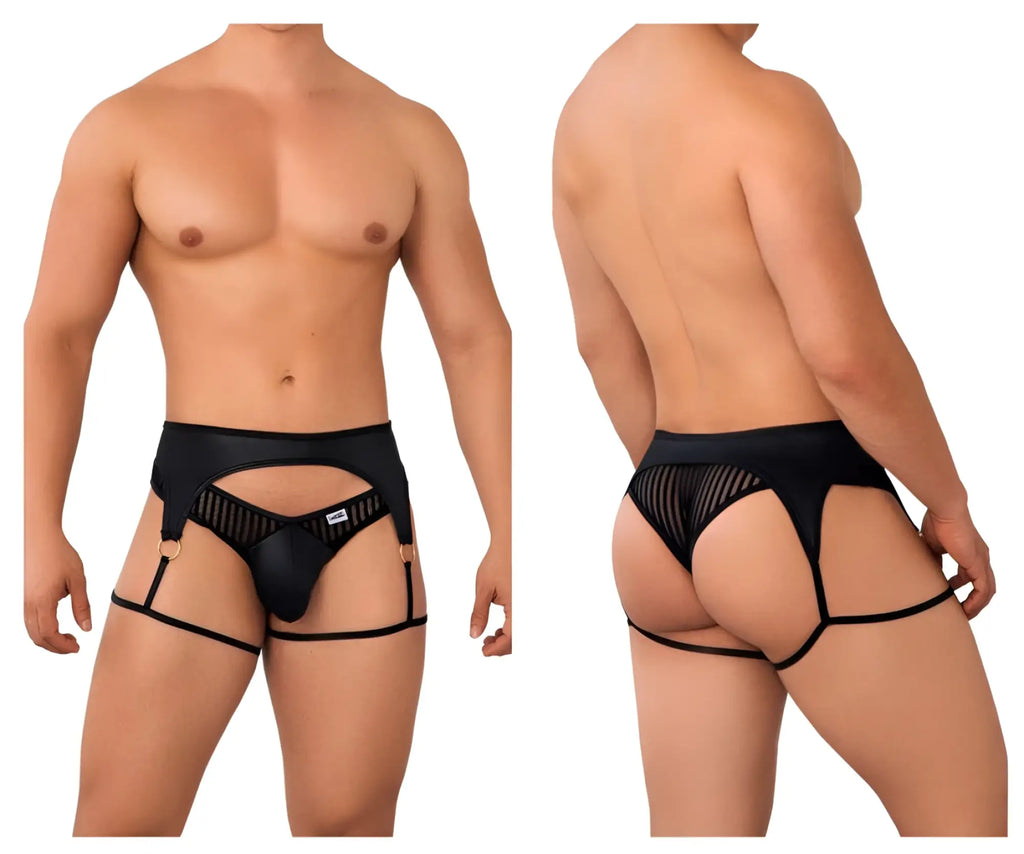 Black leather-like harness-style briefs with mesh panels and gold-tone rings candy man 99655 garter thongs black
