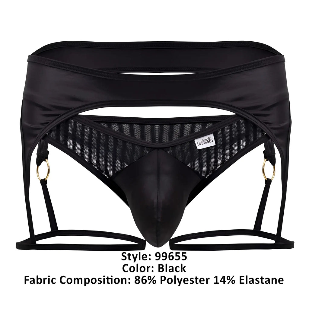 Black mens lace garter belt with gold tone rings and mesh panels by candyman model 99655 in black color