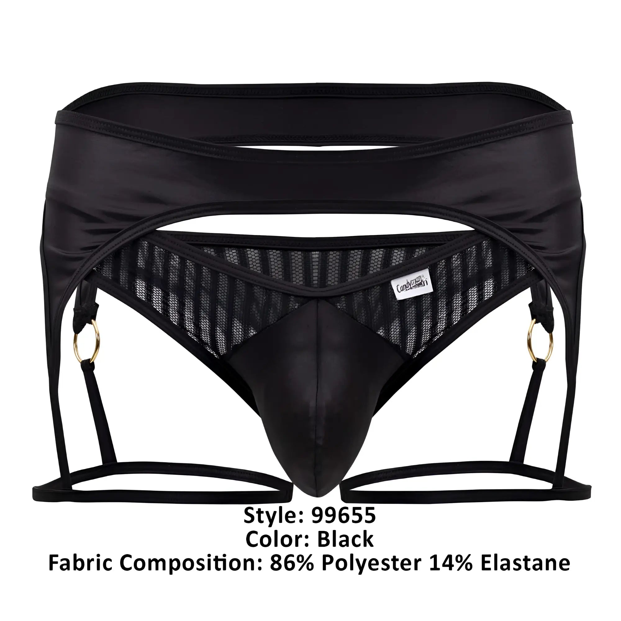 Black mens lace garter belt with gold tone rings and mesh panels by candyman model 99655 in black color