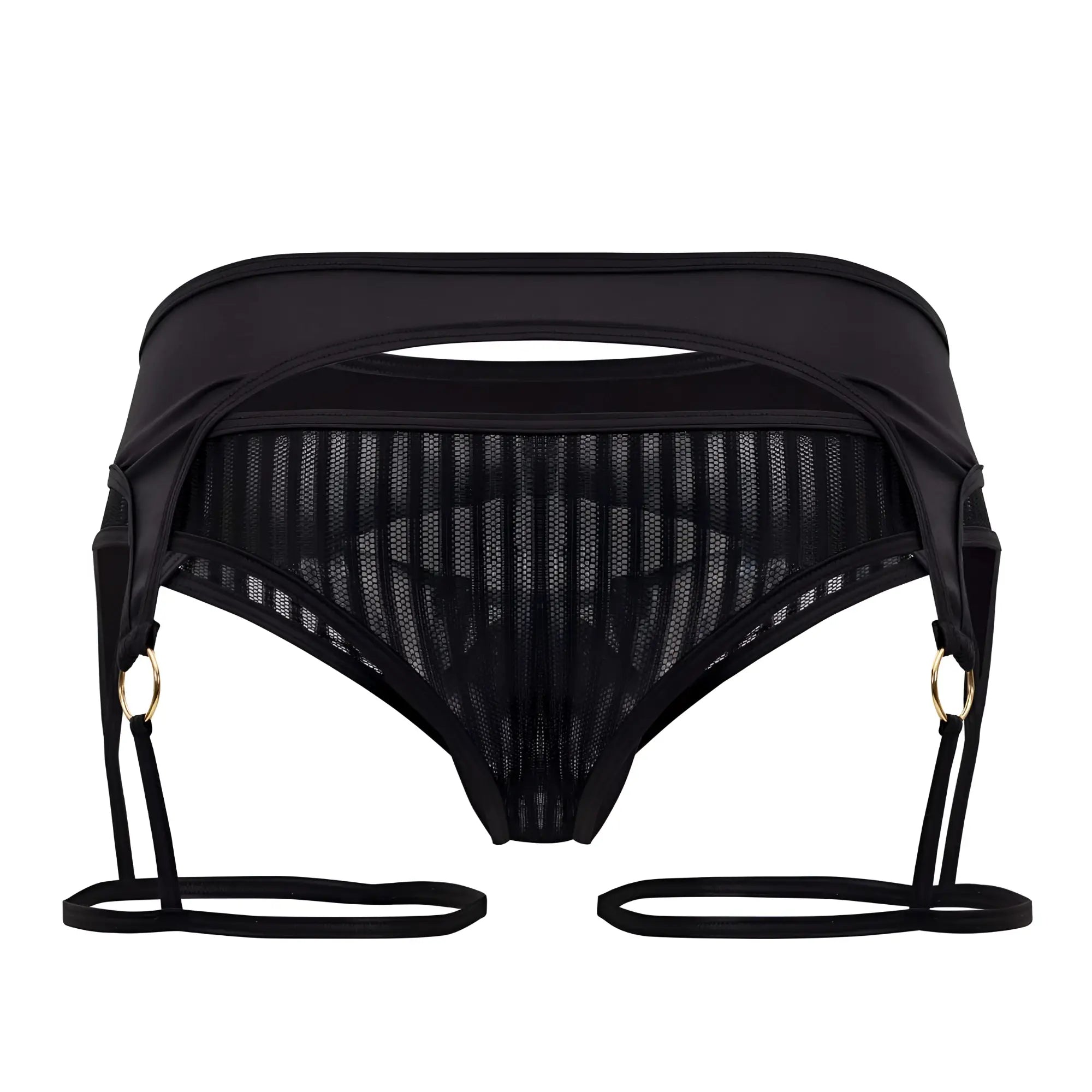 Black candyMan 99655 garter thong with mesh fabric adjustable straps and gold-toned rings front view