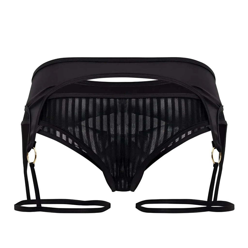 Black candyMan 99655 garter thong with mesh fabric adjustable straps and gold-toned rings front view