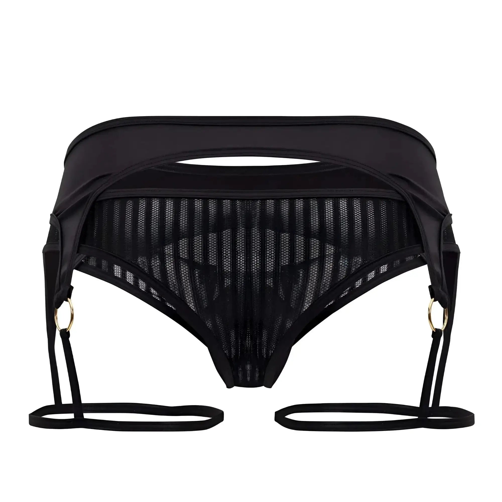 Black candyMan 99655 garter thong with mesh fabric adjustable straps and gold-toned rings front view