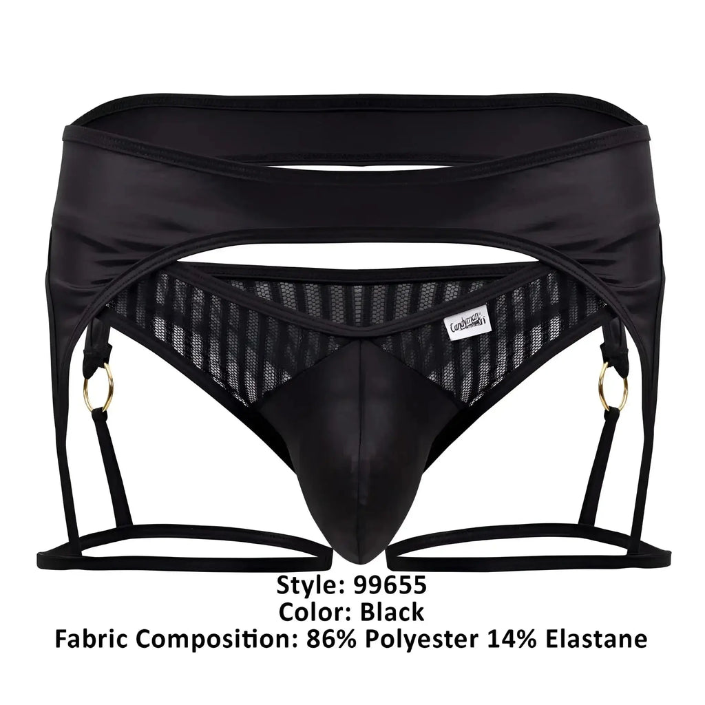 Black mens lace garter belt with gold tone rings and mesh panels by candyman model 99655 in black color