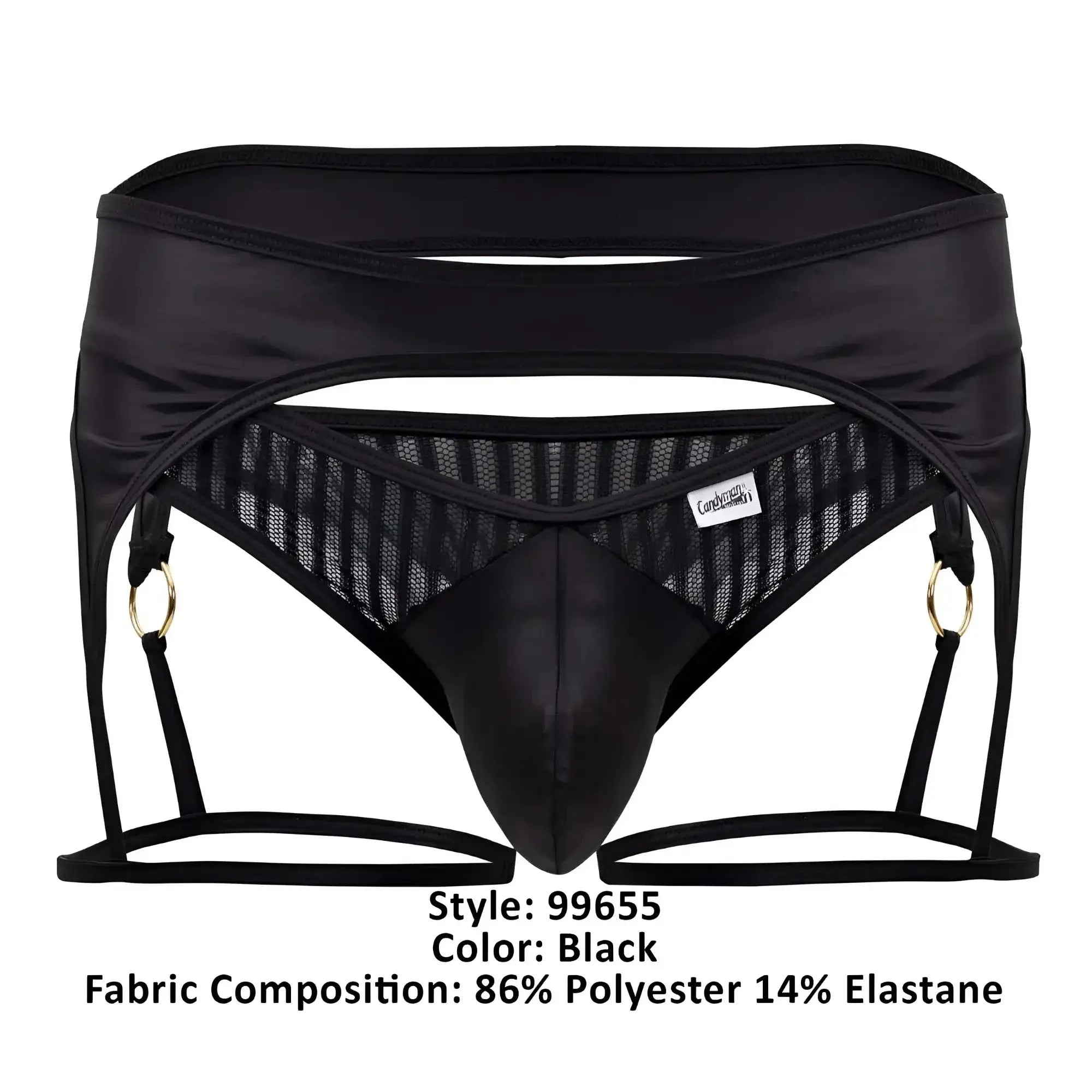 Black mens lace garter belt with gold tone rings and mesh panels by candyman model 99655 in black color