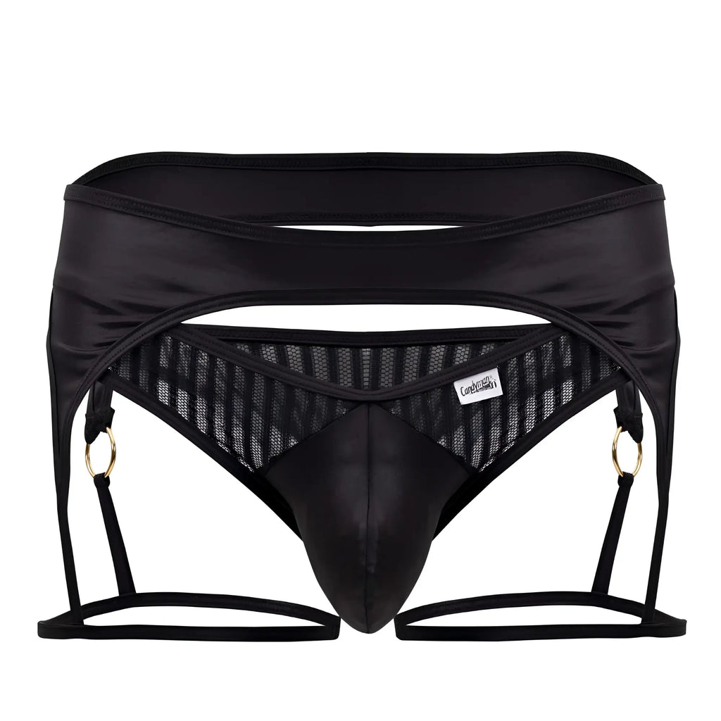 Black satin CandyMan 99655 garter thongs with mesh panels and gold-toned rings featuring a distinctive design