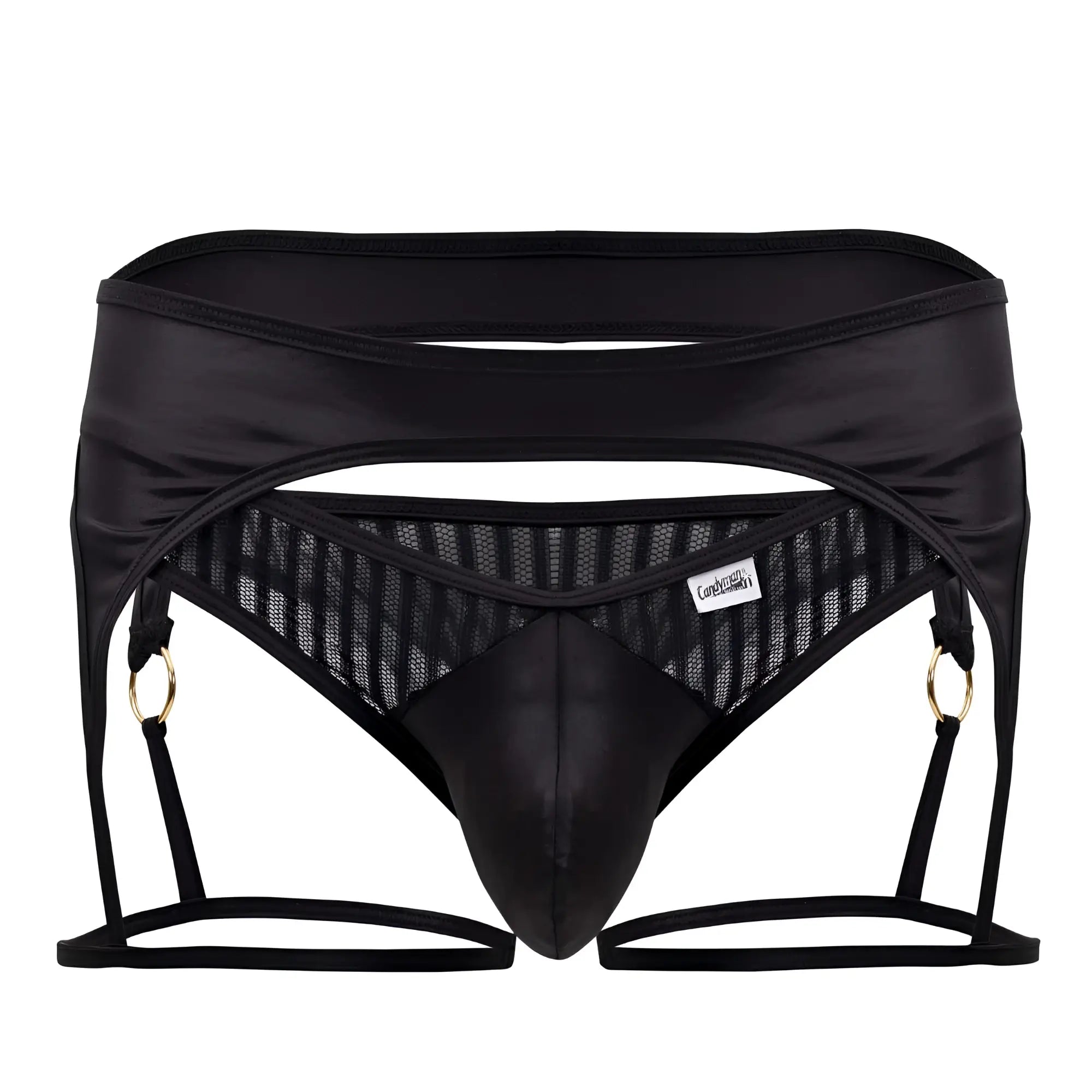 Black satin CandyMan 99655 garter thongs with mesh panels and gold-toned rings featuring a distinctive design