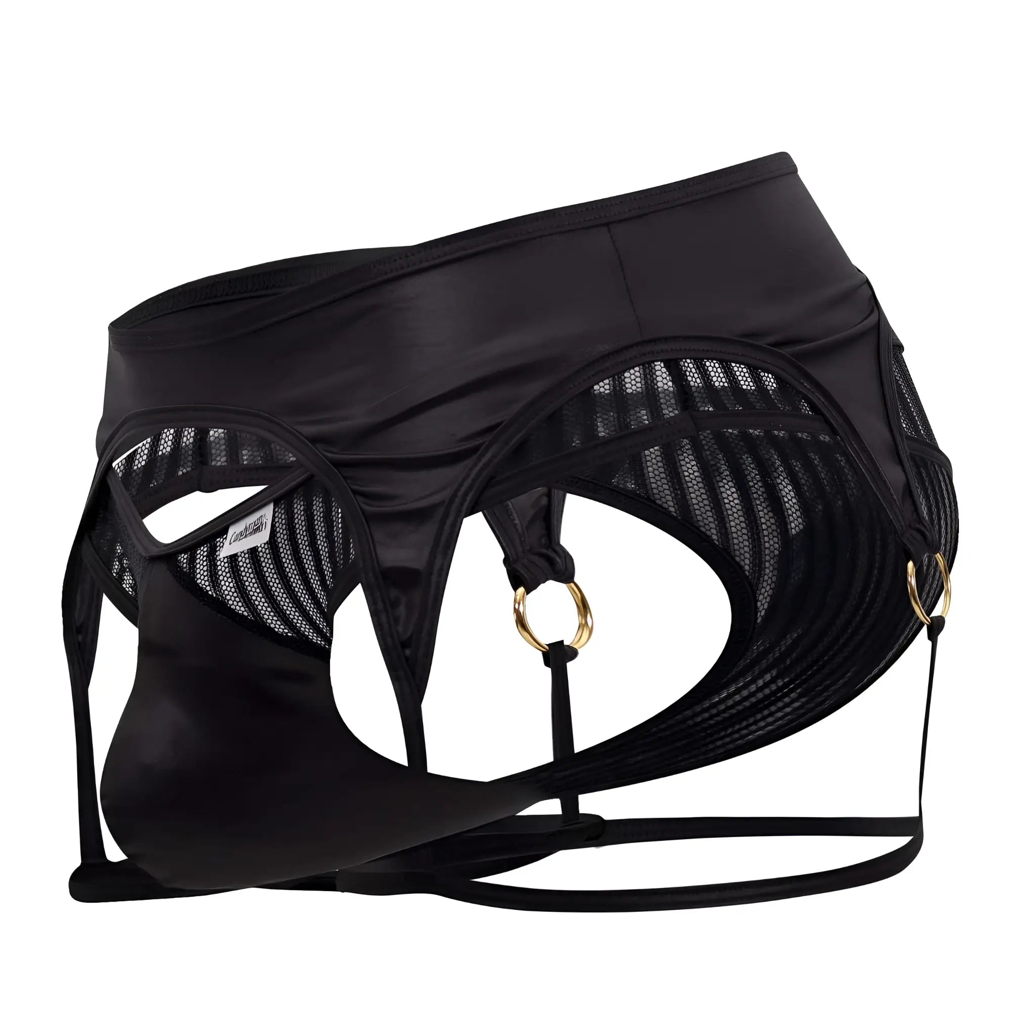 Black satin and mesh harness-style garter thong with gold tone metal rings from candyman 99655 in black