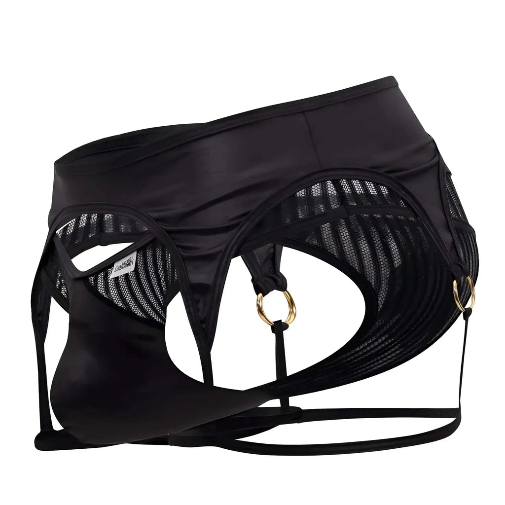 Black satin and mesh harness-style garter thong with gold tone metal rings from candyman 99655 in black